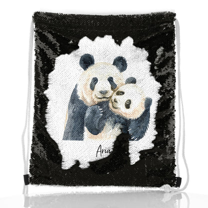 Personalised Sequin Drawstring Backpack with Welcoming Text and Embracing Mum and Baby Pandas