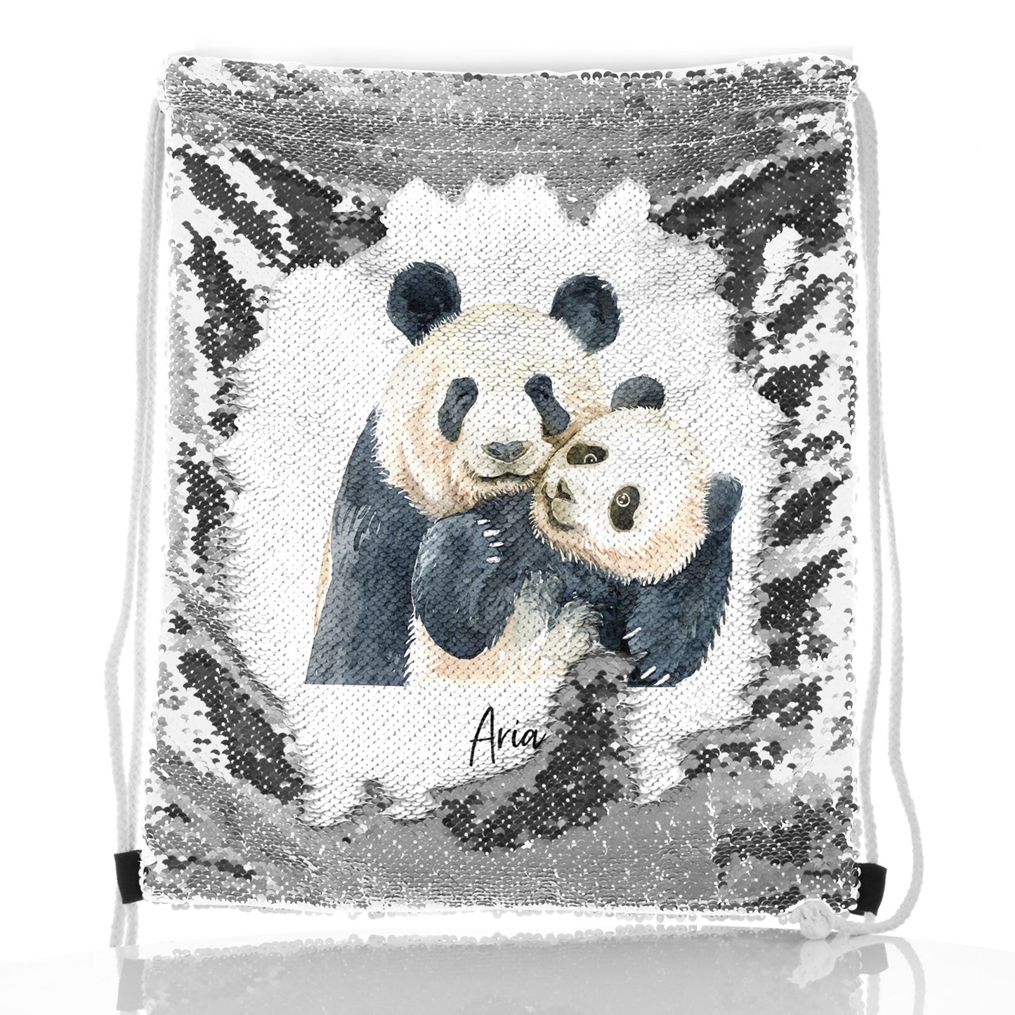 Personalised Sequin Drawstring Backpack with Welcoming Text and Embracing Mum and Baby Pandas