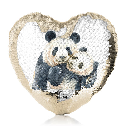 Personalised Sequin Heart Cushion with Welcoming Text and Embracing Mum and Baby Pandas