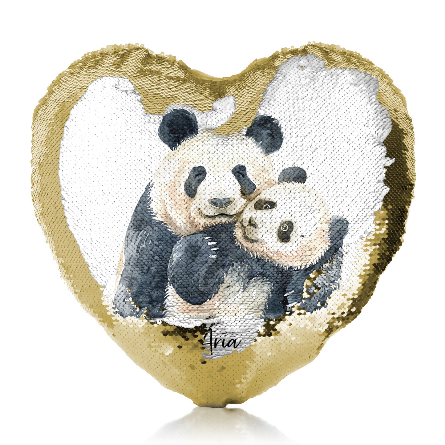 Personalised Sequin Heart Cushion with Welcoming Text and Embracing Mum and Baby Pandas