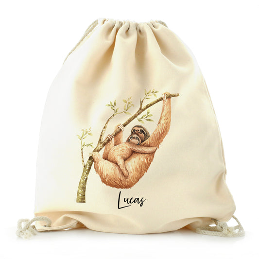 Personalised Canvas Drawstring Backpack with Welcoming Text and Climbing Mum and Baby Sloths