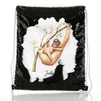 Personalised Sequin Drawstring Backpack with Welcoming Text and Climbing Mum and Baby Sloths