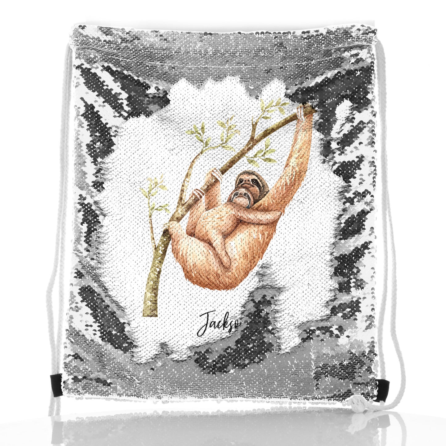 Personalised Sequin Drawstring Backpack with Welcoming Text and Climbing Mum and Baby Sloths