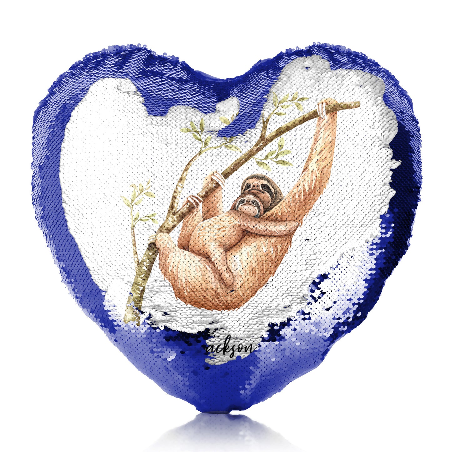 Personalised Sequin Heart Cushion with Welcoming Text and Climbing Mum and Baby Sloths