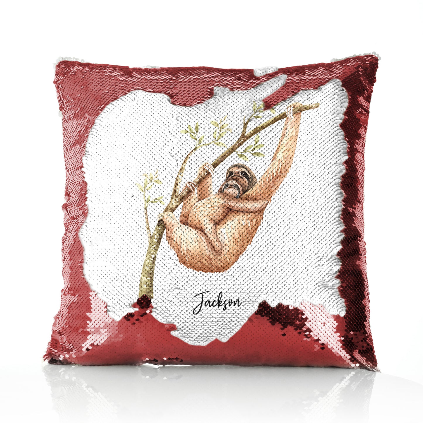 Personalised Sequin Cushion with Welcoming Text and Climbing Mum and Baby Sloths