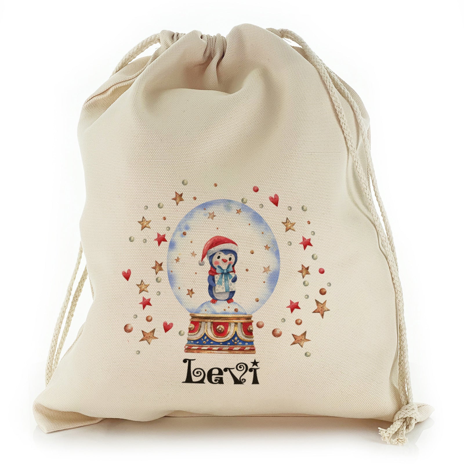 Personalised Canvas Sack with Christmas Text and Penguin Hearts Snow Globe