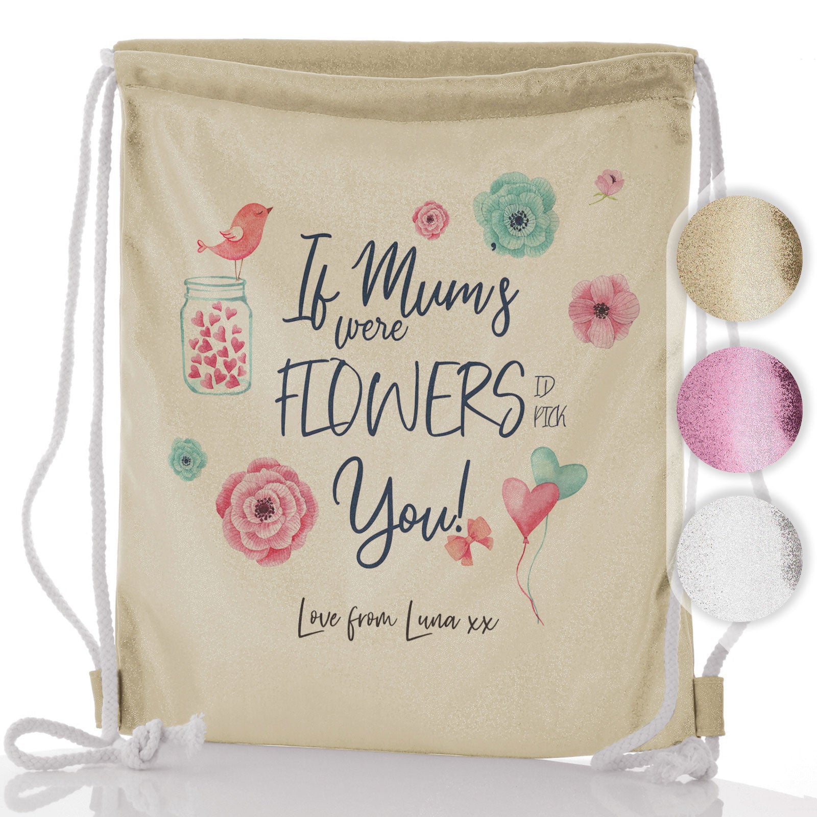 Personalised Glitter Drawstring Backpack with Stylish Text and Flowers Love Message