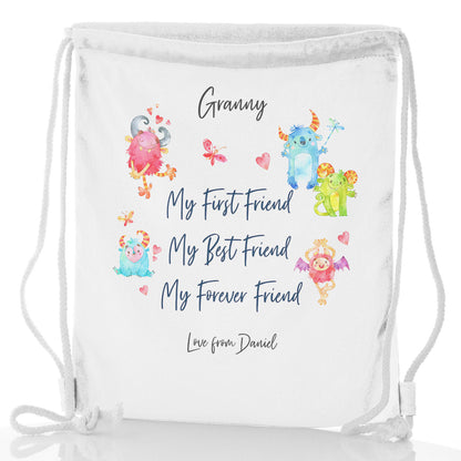 Personalised Glitter Drawstring Backpack with Stylish Text and Forever Friend Monster Message