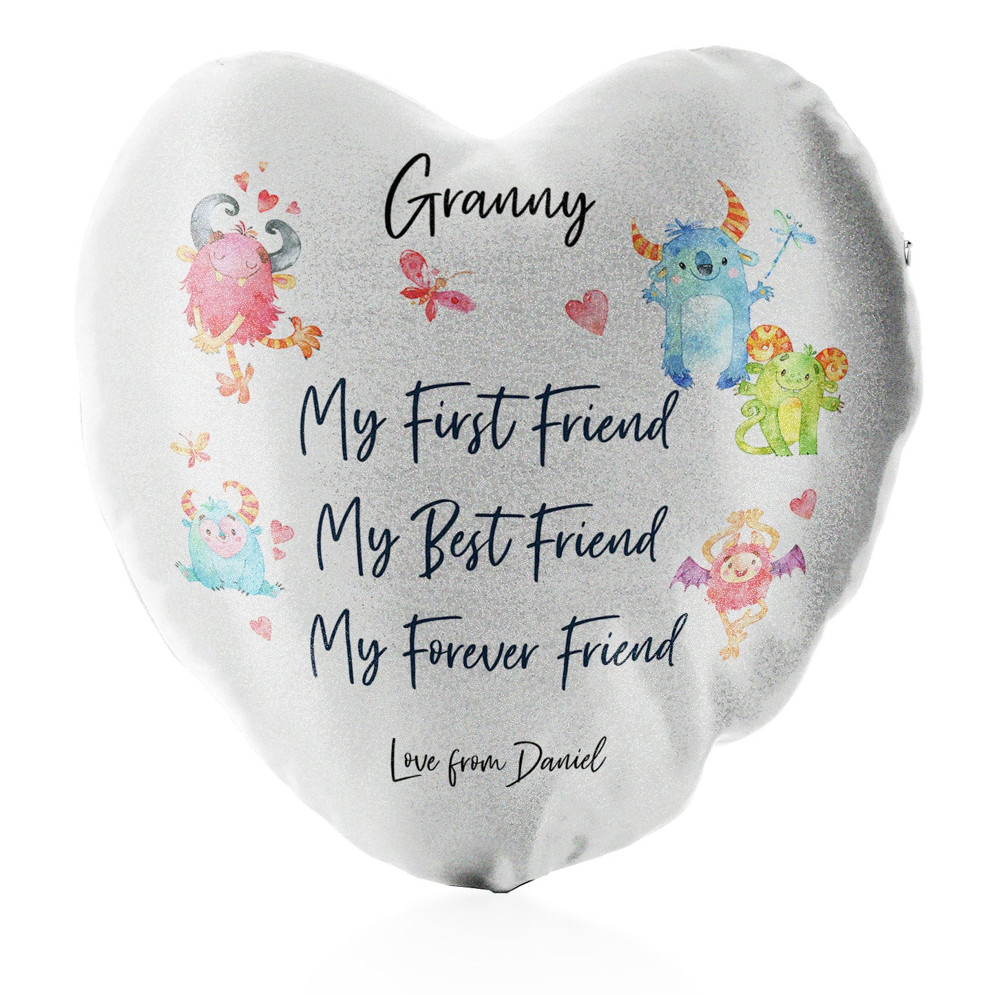 Personalised Glitter Heart Cushion with Stylish Text and Forever Friend Monster Message