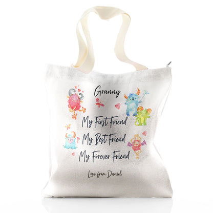 Personalised Glitter Tote Bag with Stylish Text and Forever Friend Monster Message