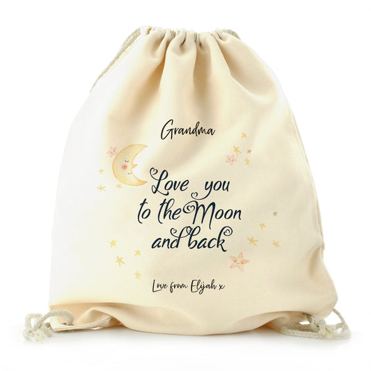 Personalised Canvas Drawstring Backpack with Stylish Text and Moon Love Message