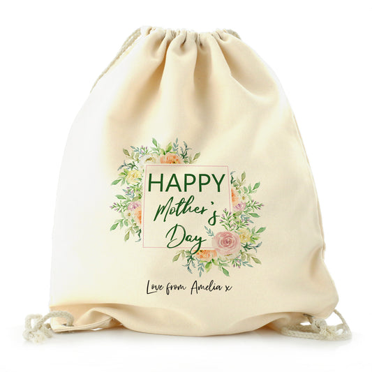 Personalised Canvas Drawstring Backpack with Stylish Text and Floral Mother’s Day Message