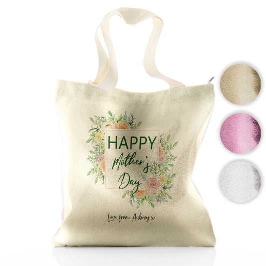 Personalised Glitter Tote Bag with Stylish Text and Floral Mother’s Day Message