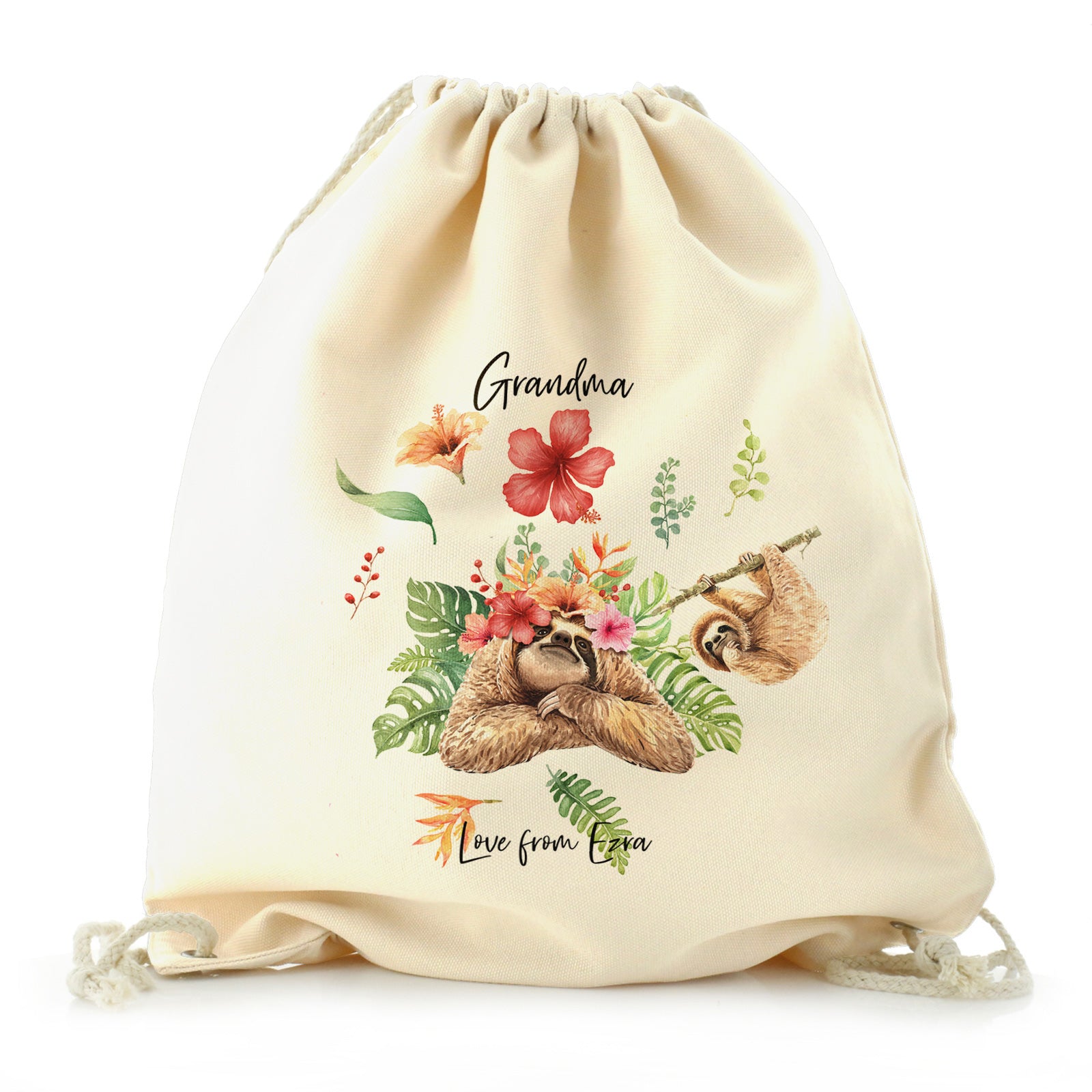 Personalised Canvas Drawstring Backpack with Stylish Text and Floral Mum and Baby Sloths