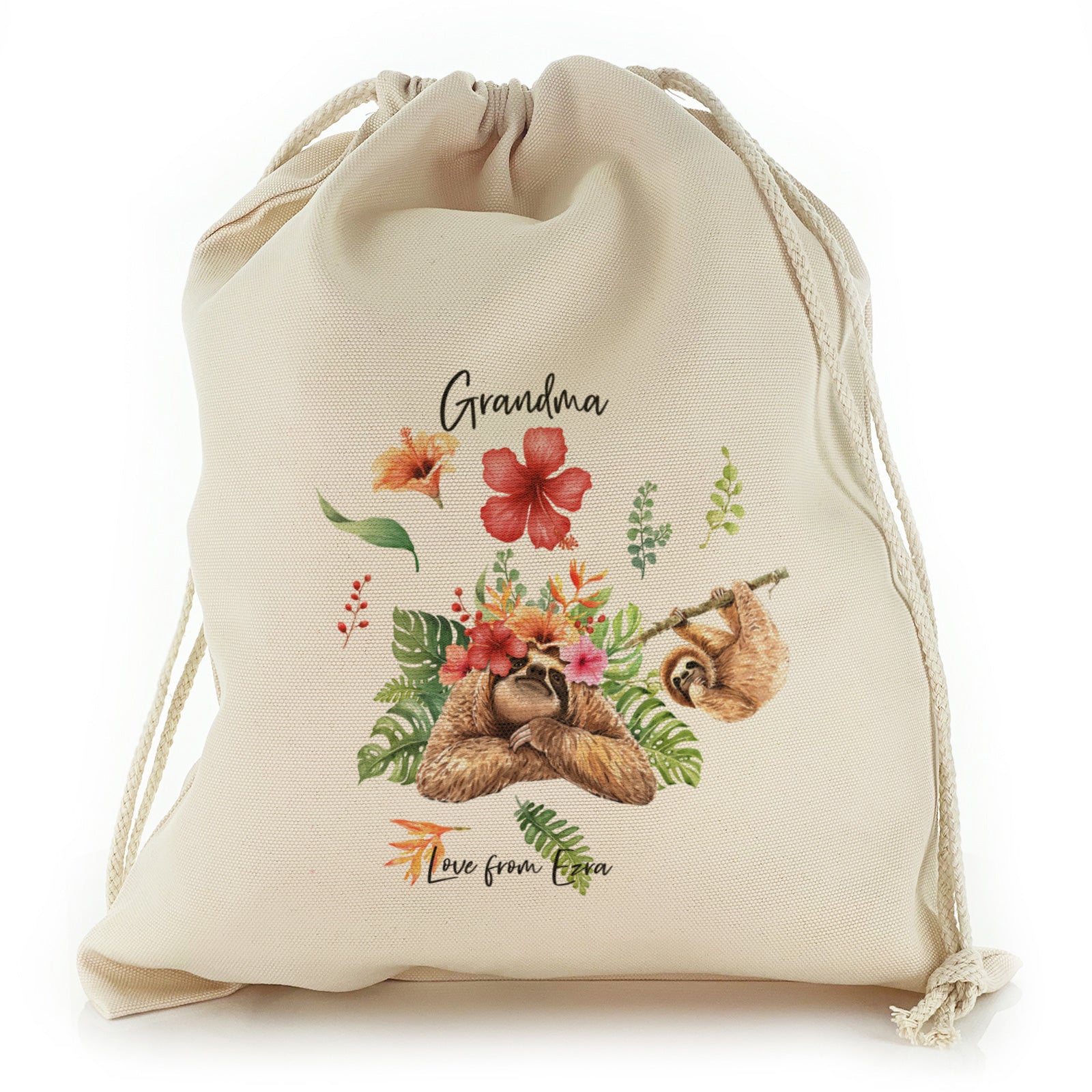 Personalised Canvas Sack with Stylish Text and Floral Mum and Baby Sloths