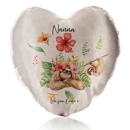 Personalised Glitter Heart Cushion with Stylish Text and Floral Mum and Baby Sloths