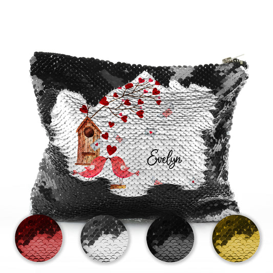 Personalised Sequin Zip Bag with Stylish Text and Love Bird Letters Print