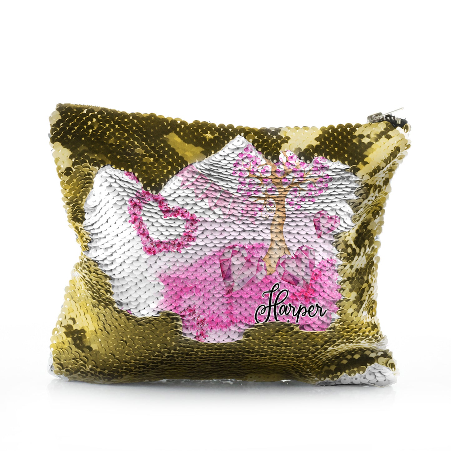 Personalised Sequin Zip Bag with Stylish Text and Pink Love Landscape Print
