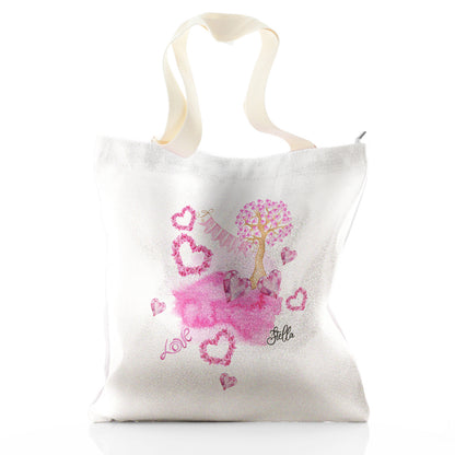 Personalised Glitter Tote Bag with Stylish Text and Pink Love Landscape Print