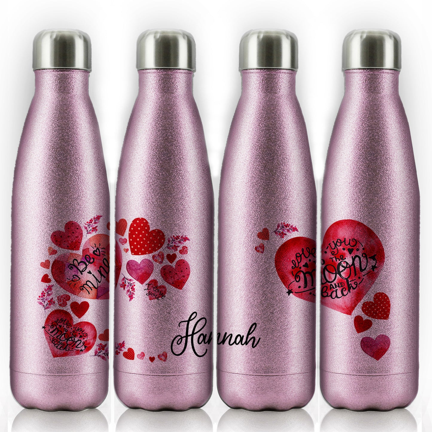 Personalised Cola Bottle with Stylish Text and Material Hearts Love Message Print