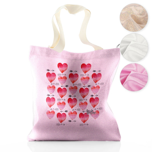 Personalised Glitter Tote Bag with Stylish Text and Arrow Love Hearts Print