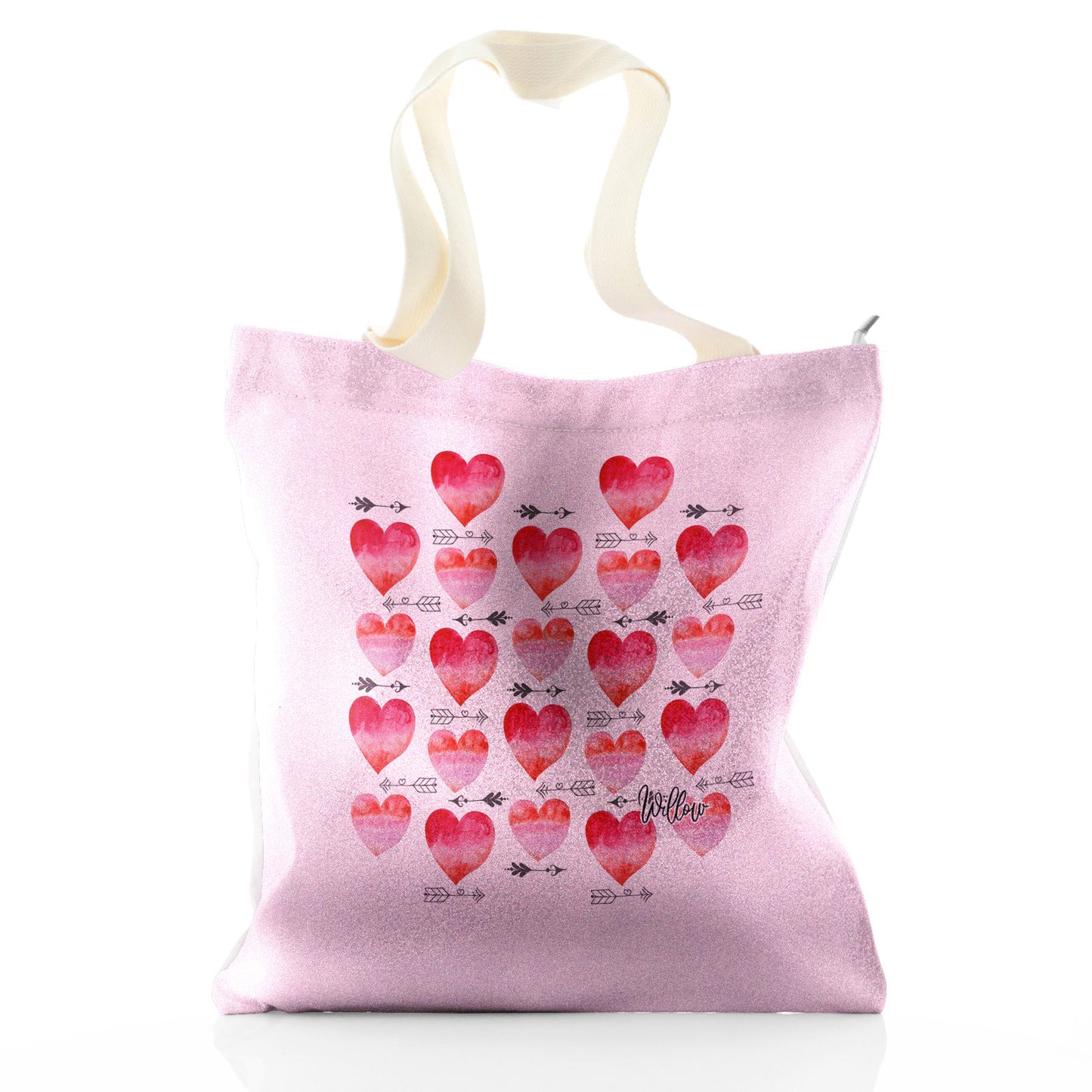 Personalised Glitter Tote Bag with Stylish Text and Arrow Love Hearts Print