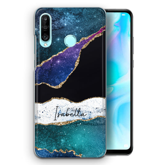 Personalised Huawei Phone Hard Case with Cute Custom Name on Blue Strip Infused Marble
