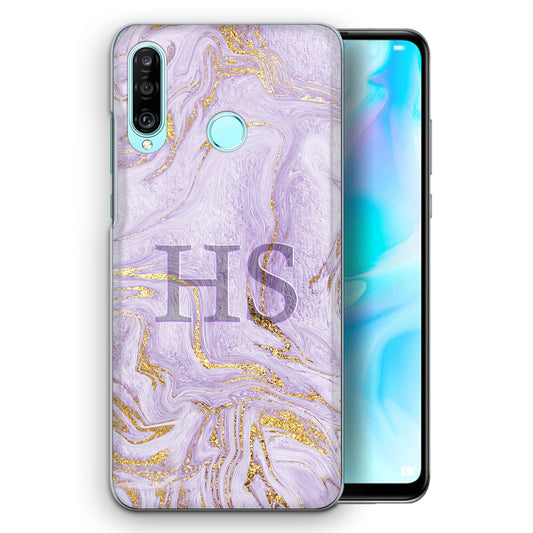 Personalised Huawei Phone Hard Case with Soft Block Initials on Lilac and Gold Marble