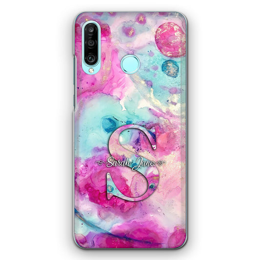 Personalised Xiaomi Phone Hard Case with Textured Monogram and Name on Pink Swirl Marble