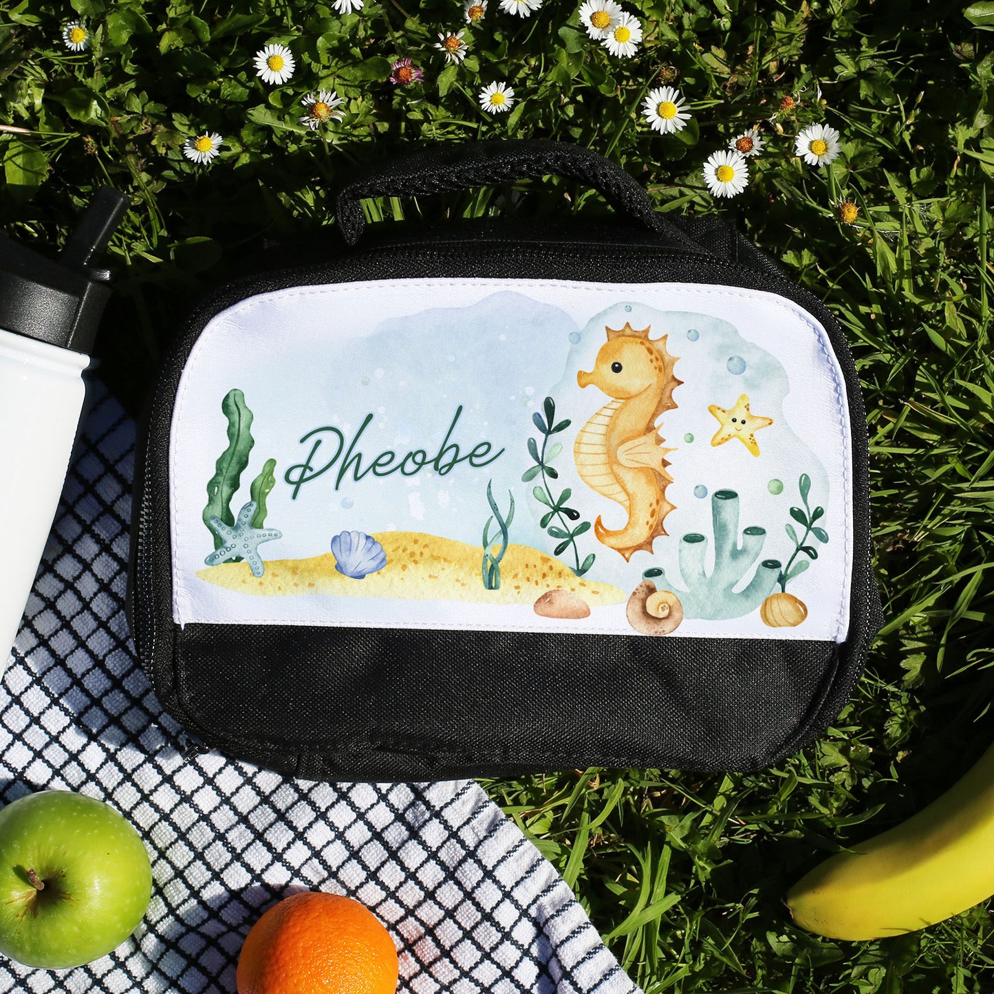 Personalised Lunch Bag with Stylish Block Initials with Sea Horse & Name