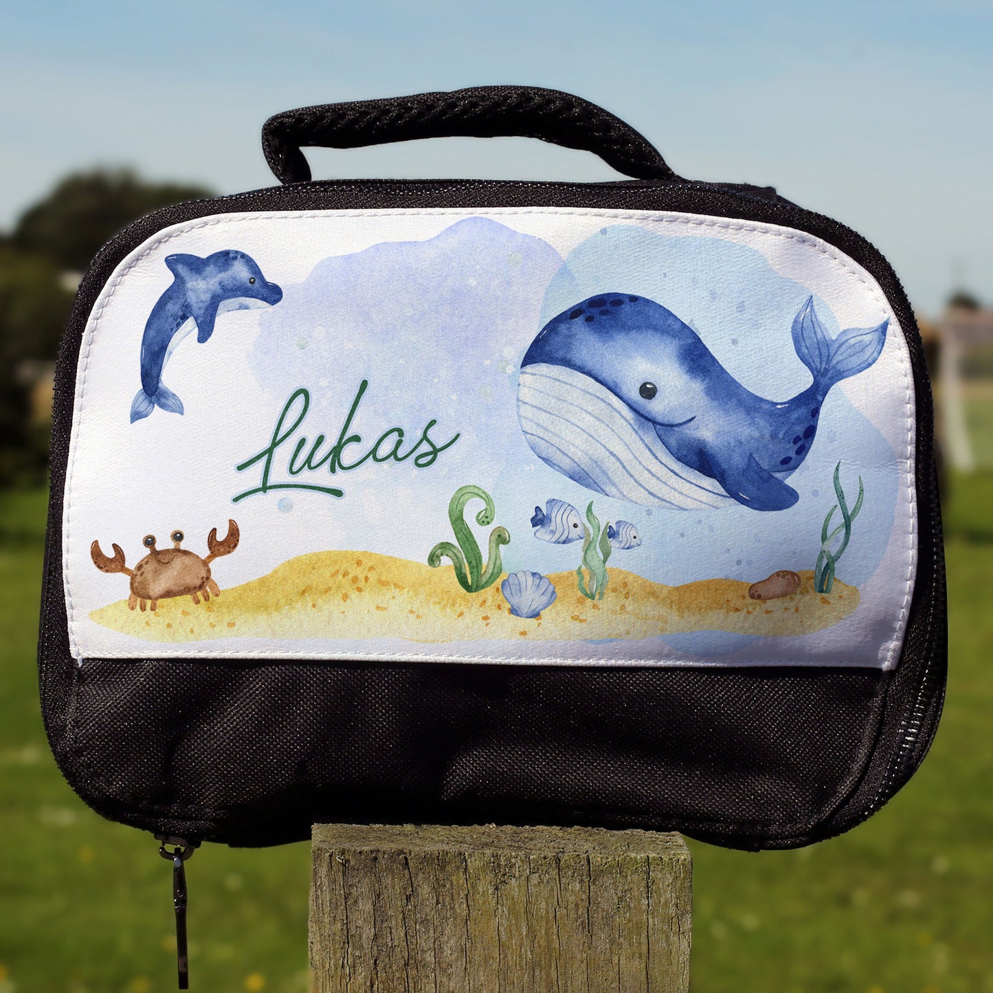 Personalised Lunch Bag with Stylish Block Initials with Big Blue Whale & Name