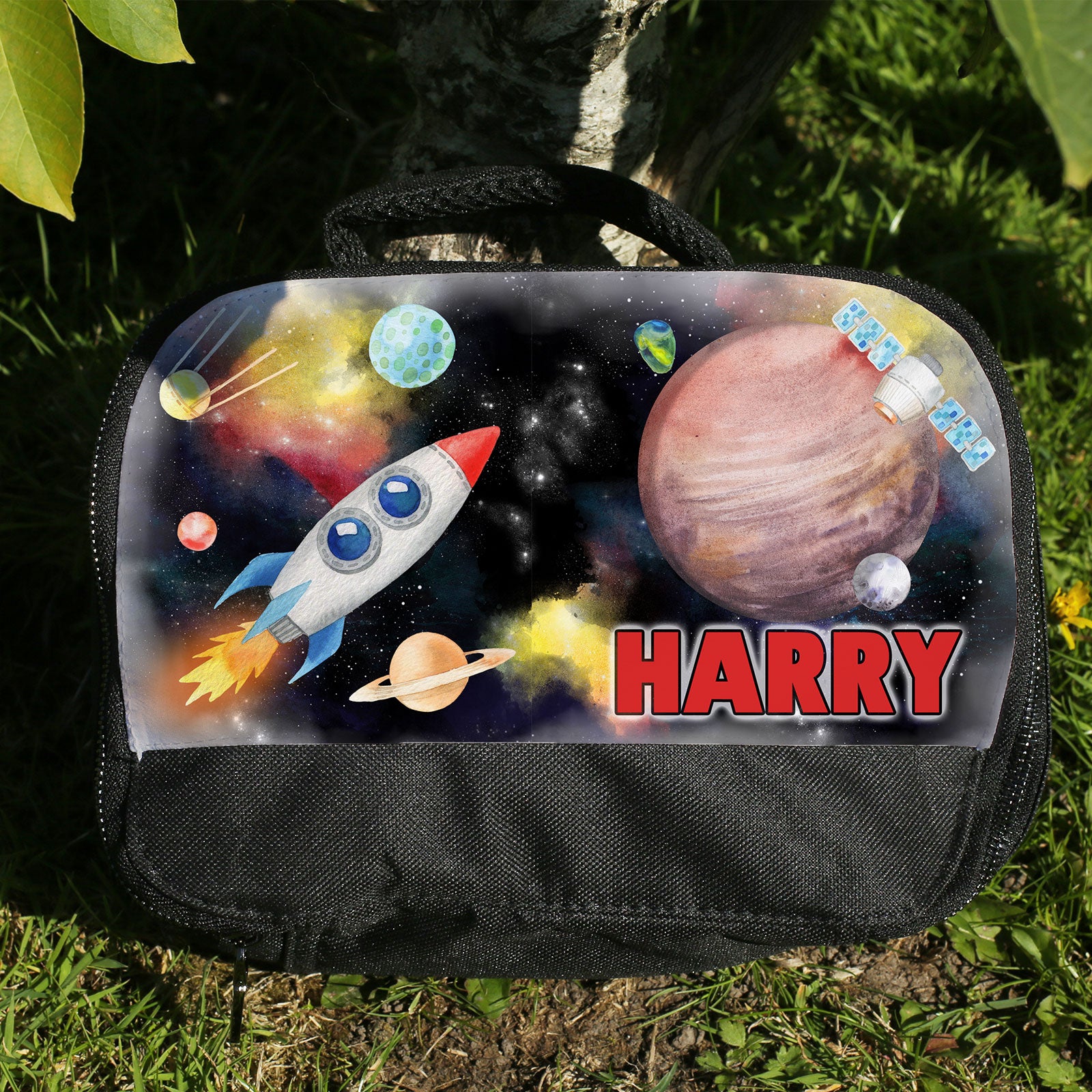 Personalised Lunch Bag with Stylish Block Initials with Cosmic Galaxy & Name