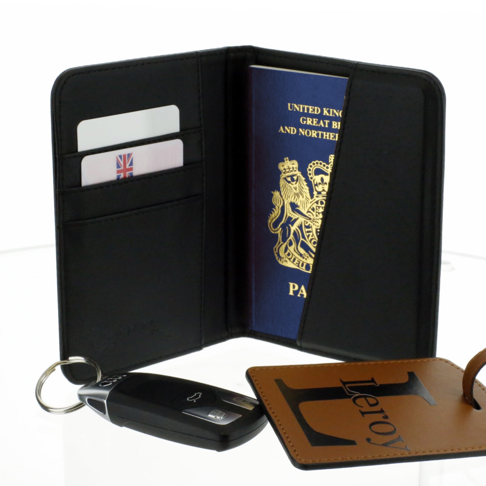 Personalised Passport Case & Tag with Grey Marble & Text - Half Print