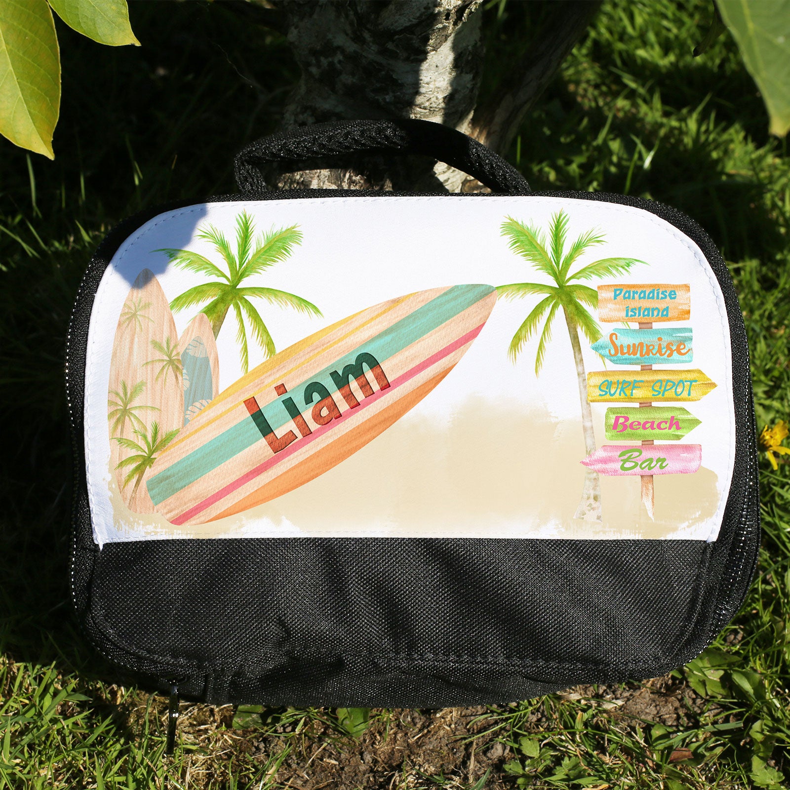 Personalised Lunch Bag with Stylish Block Initials with Surfers Beach & Name
