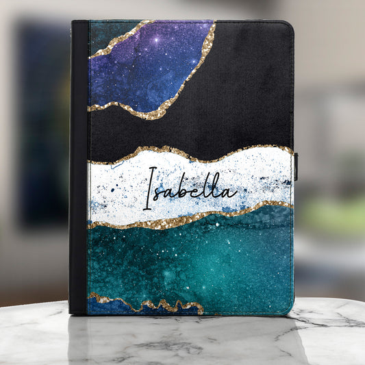 Personalised HTC Universal Leather Tablet Case With Blue Strip Marble