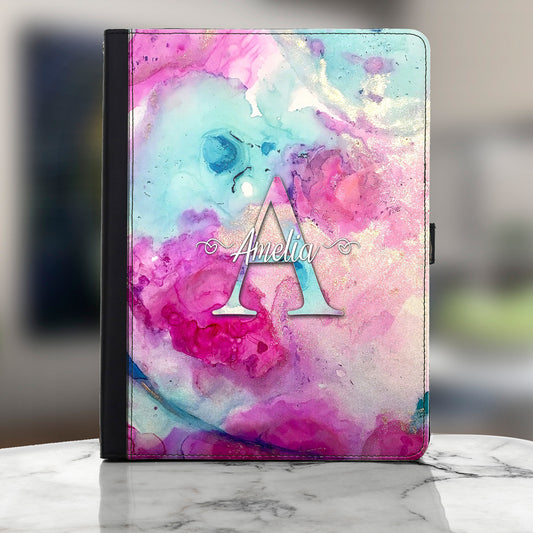 Personalised Acer Universal Leather Tablet Case With Multicolour Swirl Marble and Text