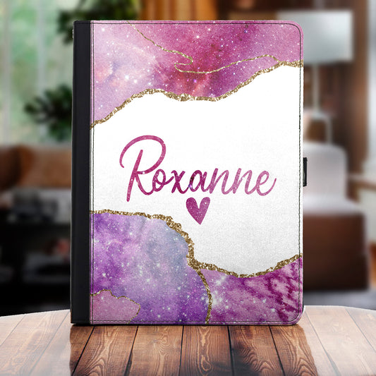 Personalised Amazon Universal Leather Tablet Case With Blue and Pink Gold Marble