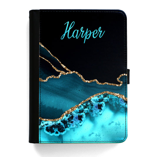 Personalised Amazon Universal Leather Tablet Case With Aqua Blue Marble