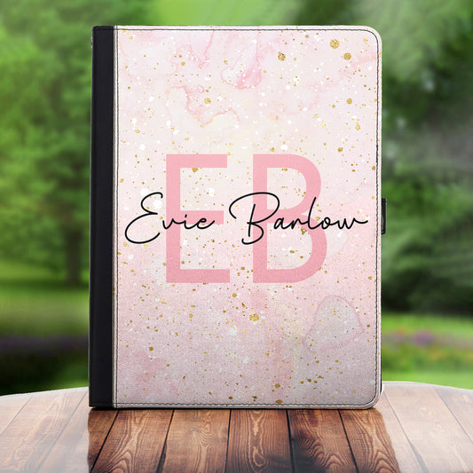 Personalised Alba Universal Leather Tablet Case With Pink Speckle Marble