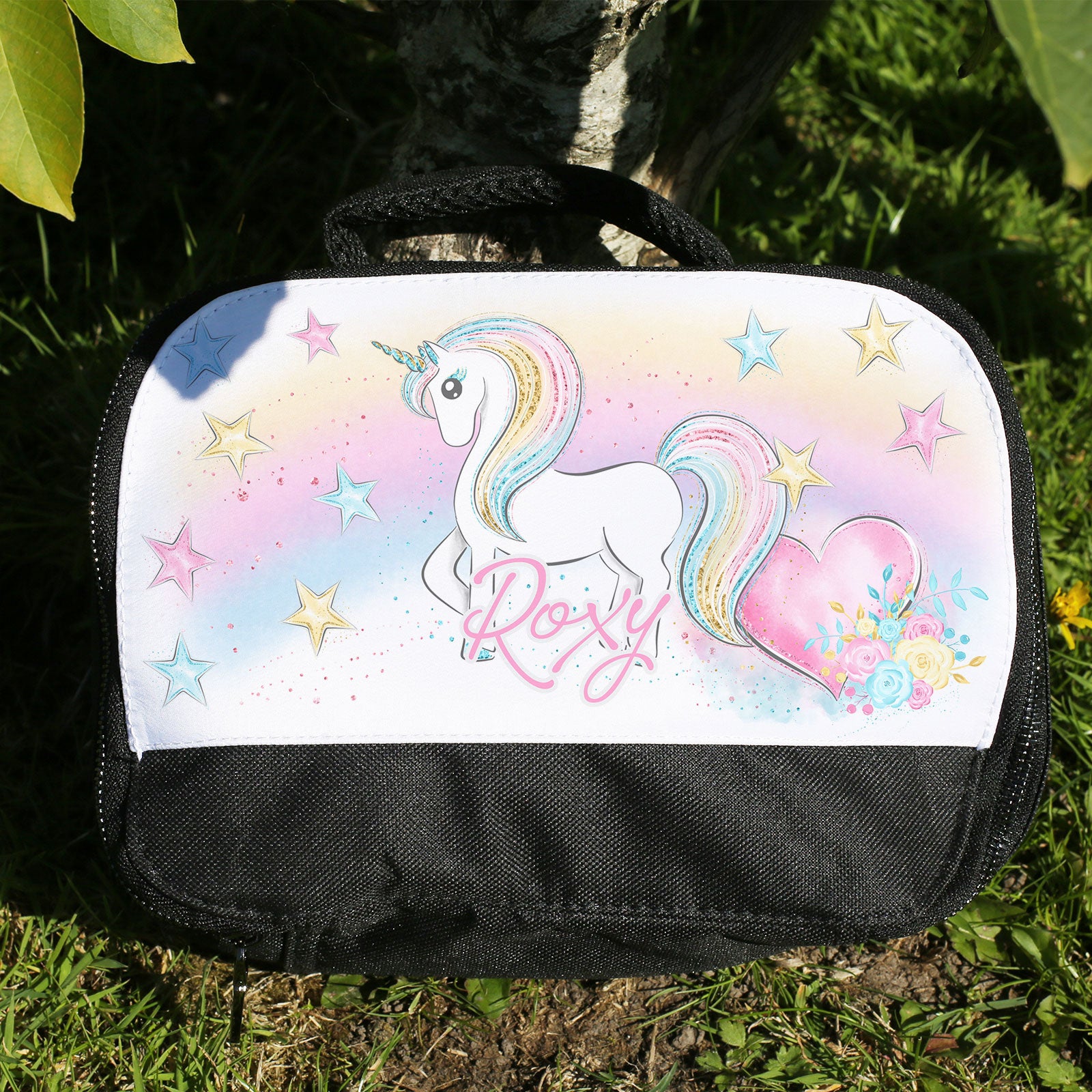 Personalised Lunch Bag with Stylish Block Initials with Rainbow Unicorn & Name