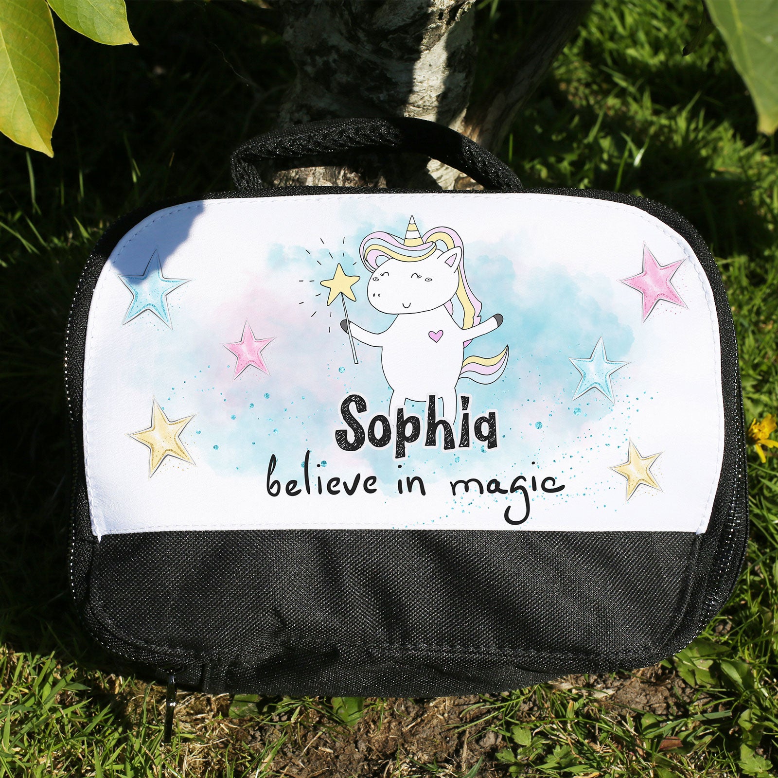Personalised Lunch Bag with Stylish Block Initials with Believe in Unicorns with Name