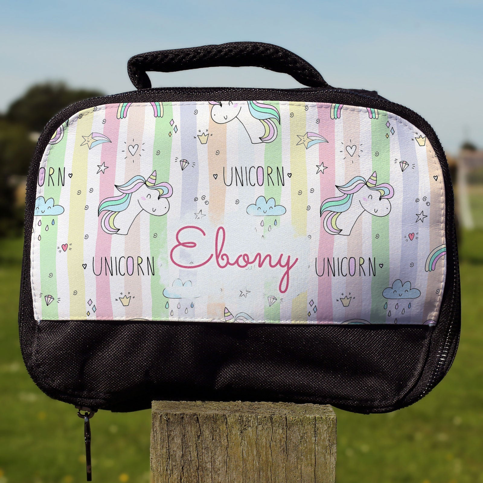 Personalised Lunch Bag with Stylish Block Initials with Unicorn Sticker Bomb and Name