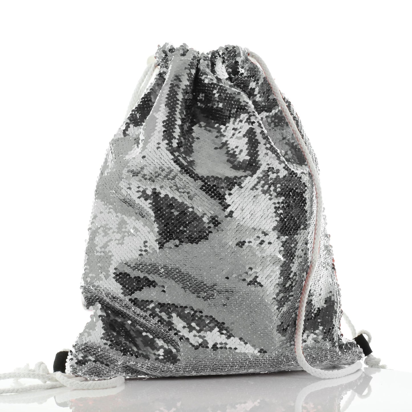 Personalised Sequin Drawstring Backpack with Spot Cat and Leaves and Cute Text