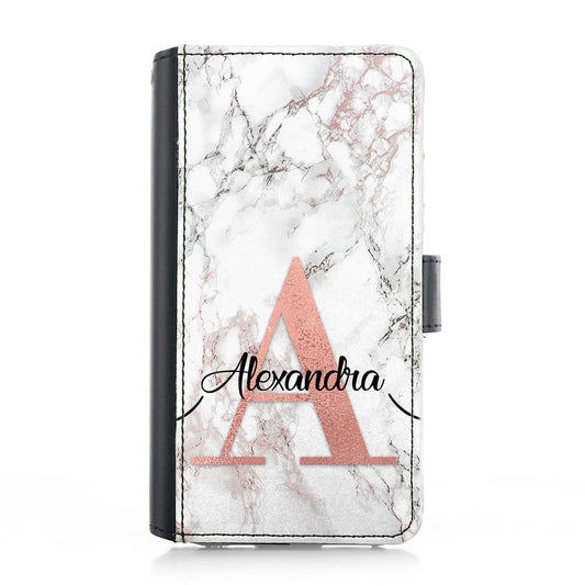 Personalised iPhone Leather Case - Grey Marble and Pink Initial/Name