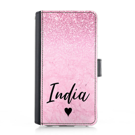 Personalised iPhone Leather Case - Pink Glitter Marble and Name