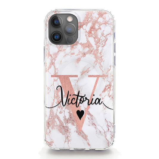 Personalised Magsafe iPhone Case - Rose Marble and Monogram Heart