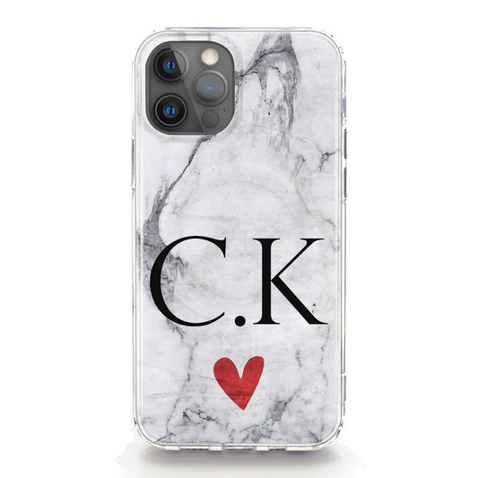Personalised Magsafe iPhone Case - Grey Marble and Black Monogram Heart