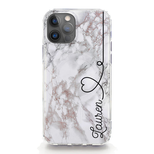 Personalised Magsafe iPhone Case - Grey Marble and Side Heart Name