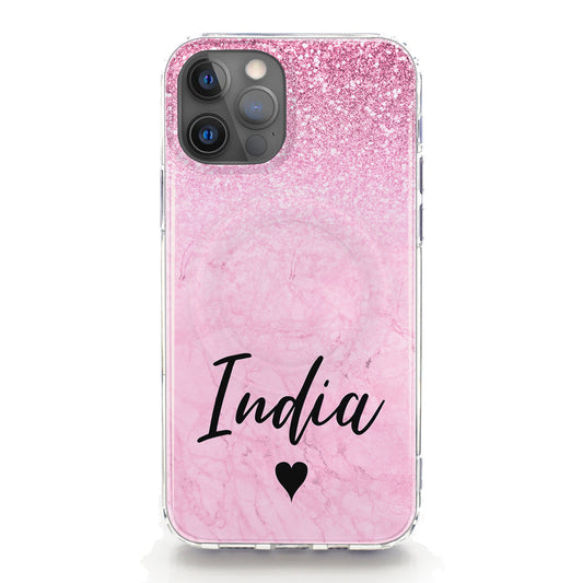 Personalised Magsafe iPhone Case - Pink Glitter Marble and Name