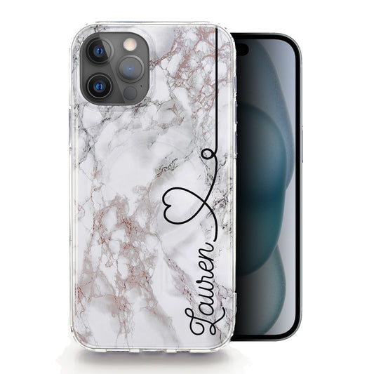 Personalised Magsafe iPhone Case - Grey Marble and Side Heart Name